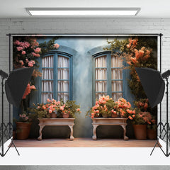 Lofaris Retro Blue Wall Window Flower Photo Booth Backdrop