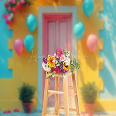 Lofaris Retro Blue Yellow Pink Plant Door Backdrop For Photo