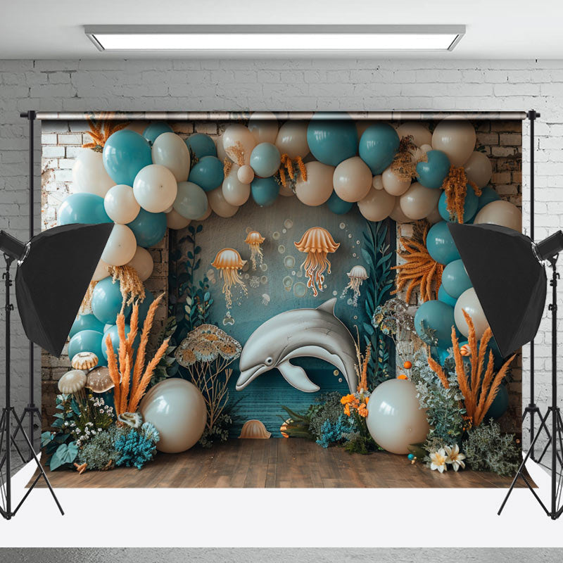 Lofaris Retro Brick Wall Balloon Dolphin Cake Smash Backdrop