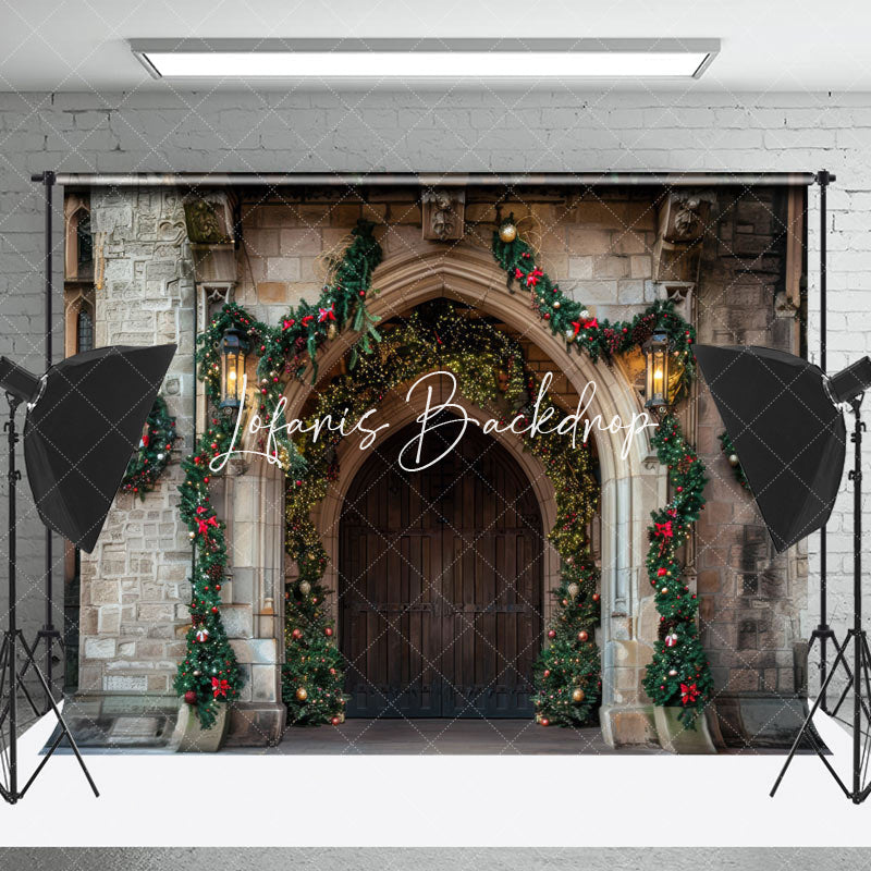 Lofaris Retro Brick Wall Wooden Door Leaf Christmas Backdrop