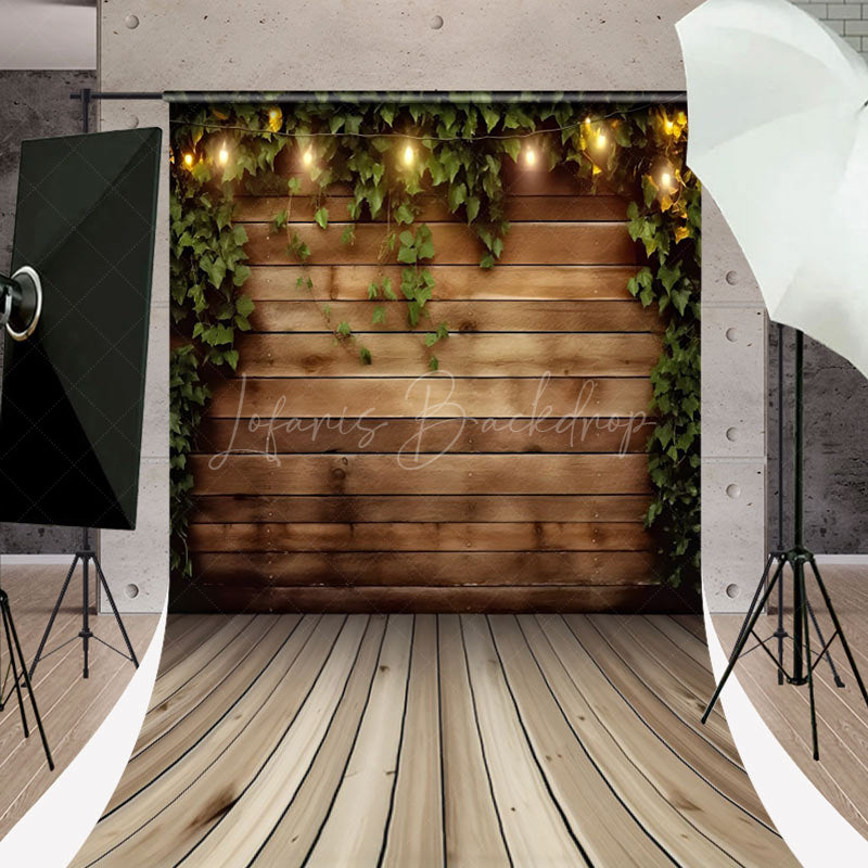 Lofaris Retro Brown Wood Wall Greenery Sweep Photo Backdrop