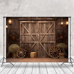 Lofaris Retro Brown Wooden Wheel Barn Door Photo Backdrop