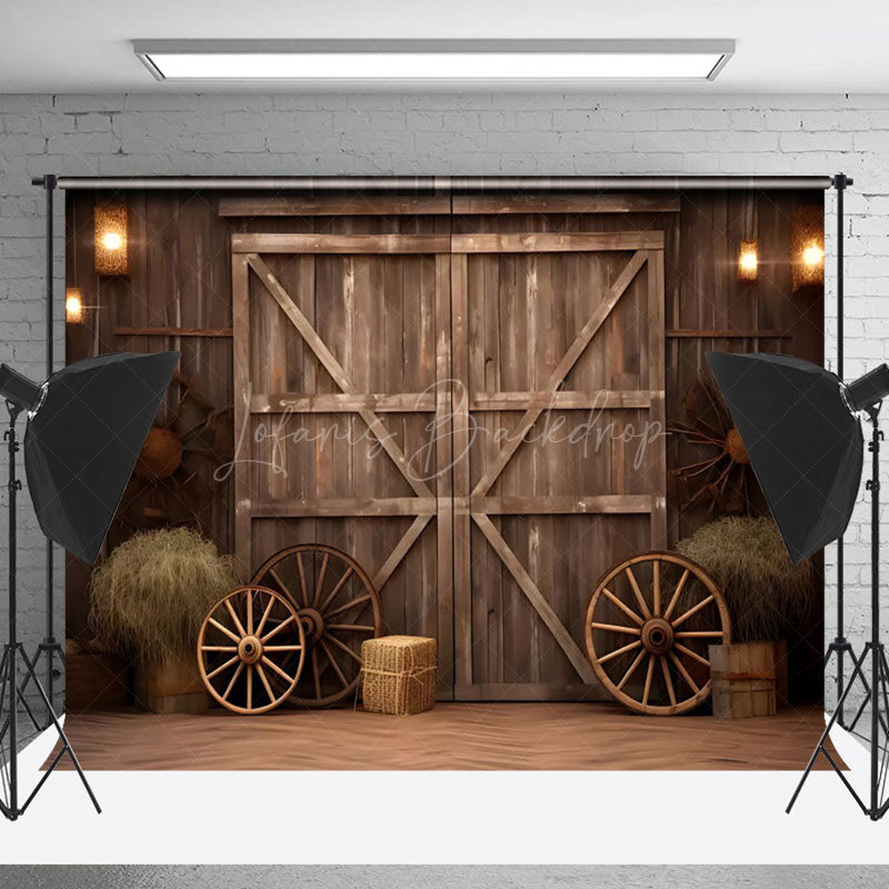 Lofaris Retro Brown Wooden Wheel Barn Door Photo Backdrop