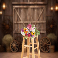 Lofaris Retro Brown Wooden Wheel Barn Door Photo Backdrop