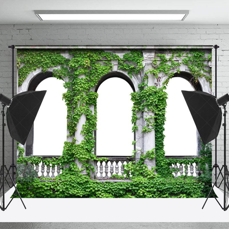 Lofaris Retro Building Arch Wall Greenery Photo Backdrop