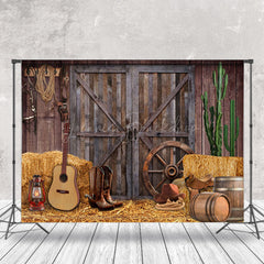 Lofaris Retro Cowboy Rustic Barn Wooden Door Photo Backdrop