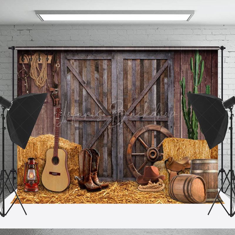 Lofaris Retro Cowboy Rustic Barn Wooden Door Photo Backdrop