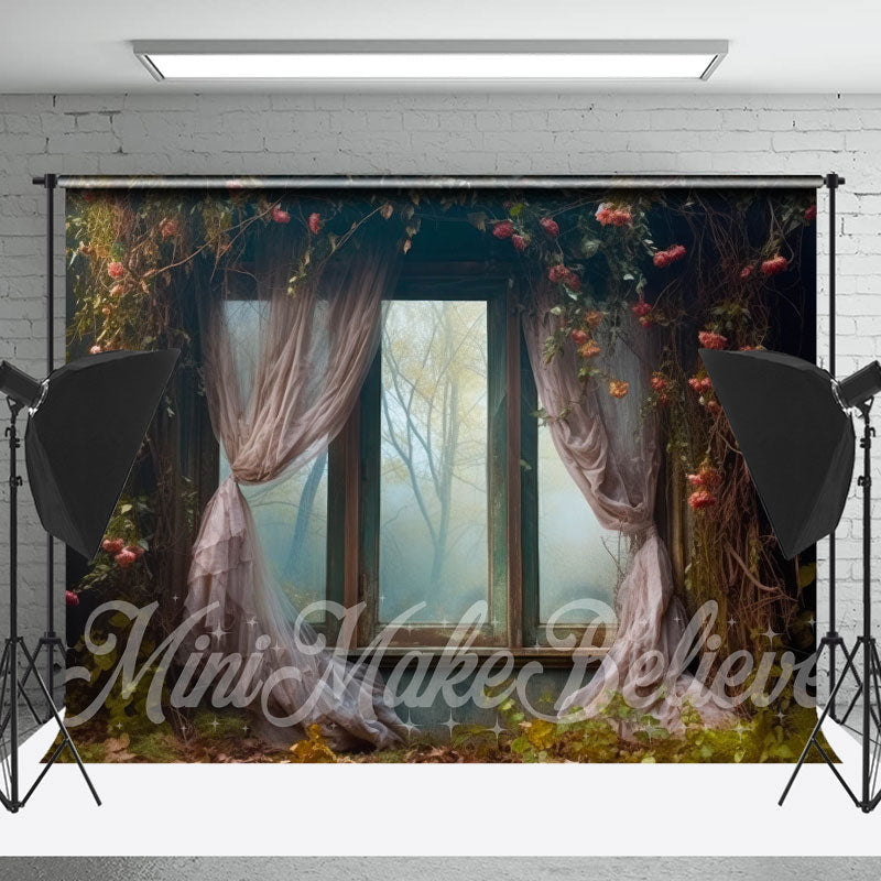 Lofaris Retro Curtian Window Wilt Red Rose Tree Backdrop