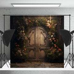 Lofaris Retro Door Greenery Floral Maternity Photo Backdrop