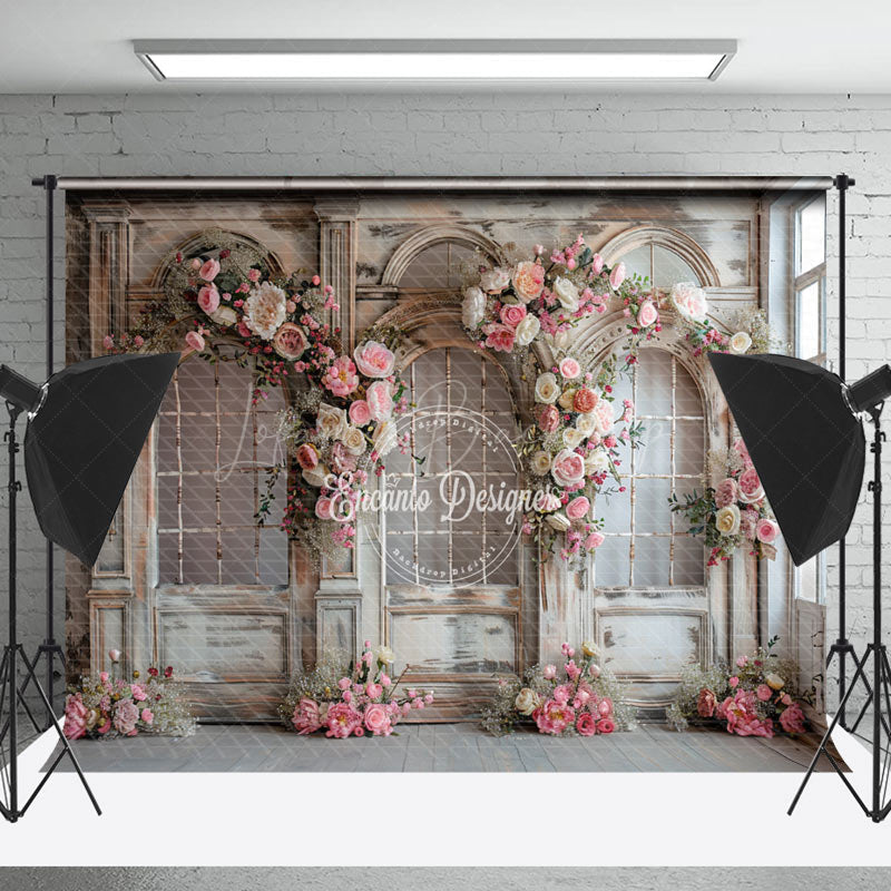 Retro Door Pink Floral Wedding Backdrop For Photo - Lofaris