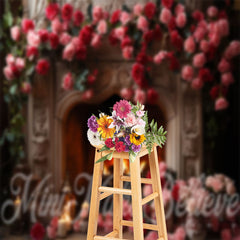 Lofaris Retro Fireplace Pink Red Rose Photoshoot Backdrop