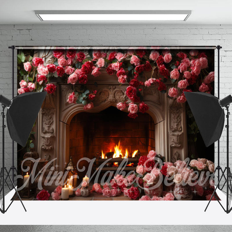 Lofaris Retro Fireplace Pink Red Rose Photoshoot Backdrop