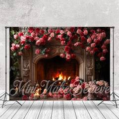 Lofaris Retro Fireplace Pink Red Rose Photoshoot Backdrop