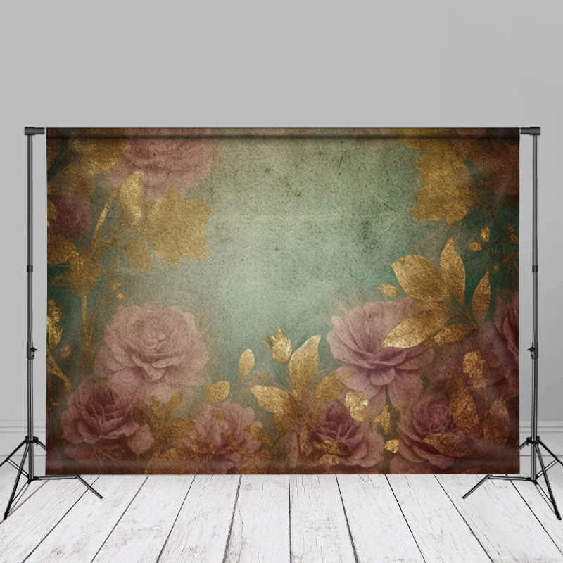 Lofaris Retro Gold Floral Dusty Green Fine Art Photo Backdrop