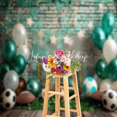 Lofaris Retro Green Brick Wall Football Cake Smash Backdrop