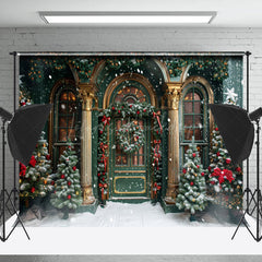 Lofaris Retro Green Gold Door Trees Snow Christmas Backdrop