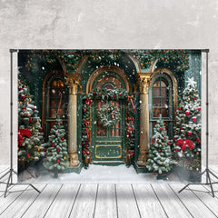 Lofaris Retro Green Gold Door Trees Snow Christmas Backdrop