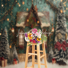 Lofaris Retro Green House Trees Christmas Photo Backdrop