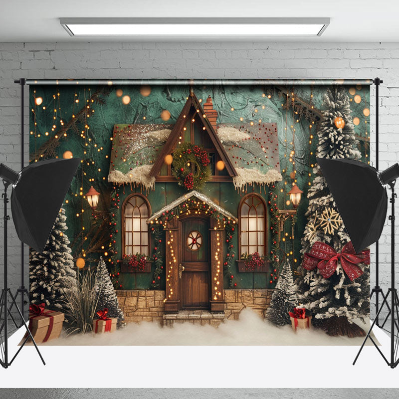 Lofaris Retro Green House Trees Christmas Photo Backdrop