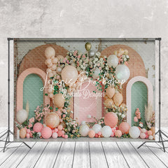 Lofaris Retro Green Pink Arch Floral Cake Smash Backdrop