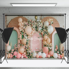 Lofaris Retro Green Pink Arch Floral Cake Smash Backdrop