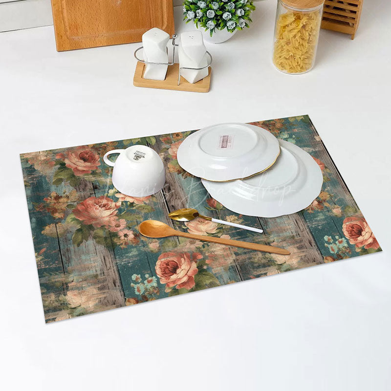 Lofaris Retro Green Pink Floral Wooden Set Of 4 Placemats