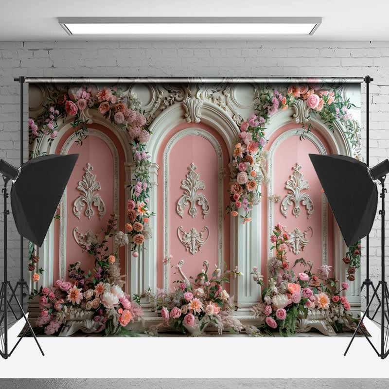 Lofaris Retro Luxury White Pink Floral Wall Wedding Backdrop