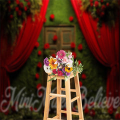 Lofaris Retro Moss Wood Door Red Rose Curtain Photo Backdrop