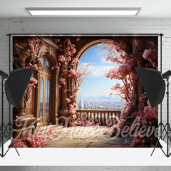 Lofaris Retro Palace Window Pink Floral Tree Flower Backdrop