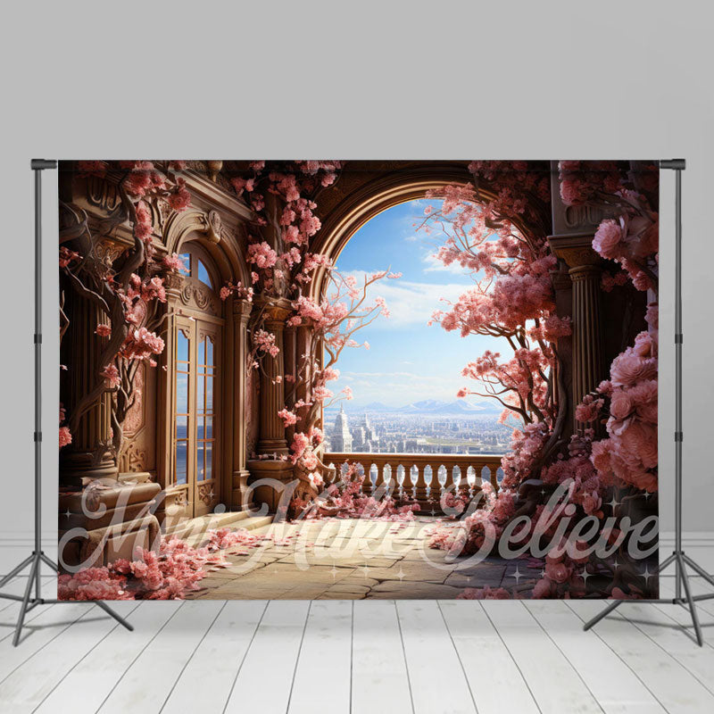 Lofaris Retro Palace Window Pink Floral Tree Flower Backdrop