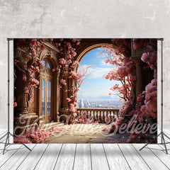 Lofaris Retro Palace Window Pink Floral Tree Flower Backdrop