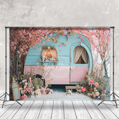 Lofaris Retro Pink Blue RV Peach Tree Fluff Spring Backdrop