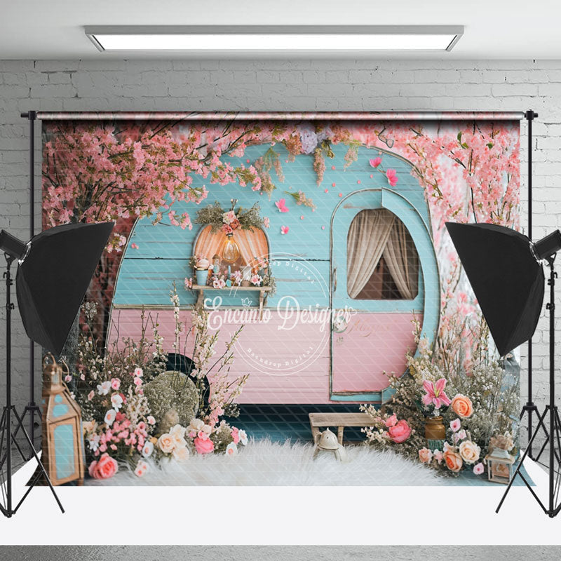 Lofaris Retro Pink Blue RV Peach Tree Fluff Spring Backdrop