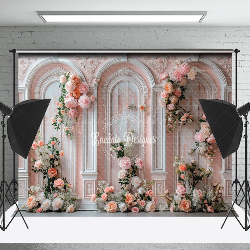 Lofaris Retro Pink White Wall Floral Leaves Wedding Backdrop