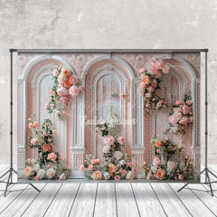 Lofaris Retro Pink White Wall Floral Leaves Wedding Backdrop