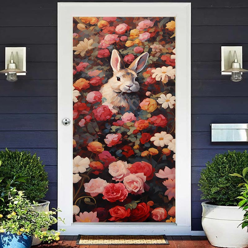 Lofaris Retro Rabbit Flower Spring Easter Door Cover