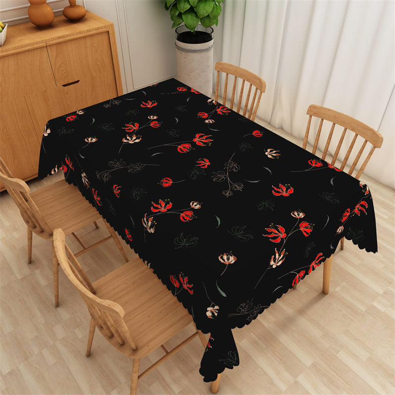 Lofaris Retro Red Flowers Step And Repeat Black Tablecloth