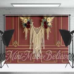 Lofaris Retro Red Gold Tassel Floral Boho Photo Backdrop