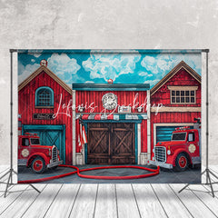 Lofaris Retro Red Wood House Fire Truck Cake Smash Backdrop