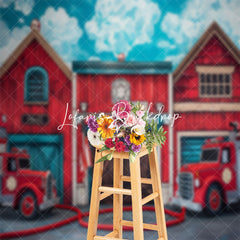 Lofaris Retro Red Wood House Fire Truck Cake Smash Backdrop