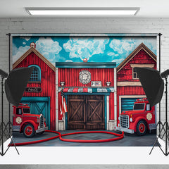 Lofaris Retro Red Wood House Fire Truck Cake Smash Backdrop