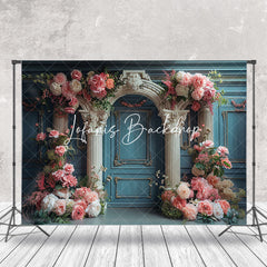 Lofaris Retro Royal Teal White Arch Floral Wedding Backdrop