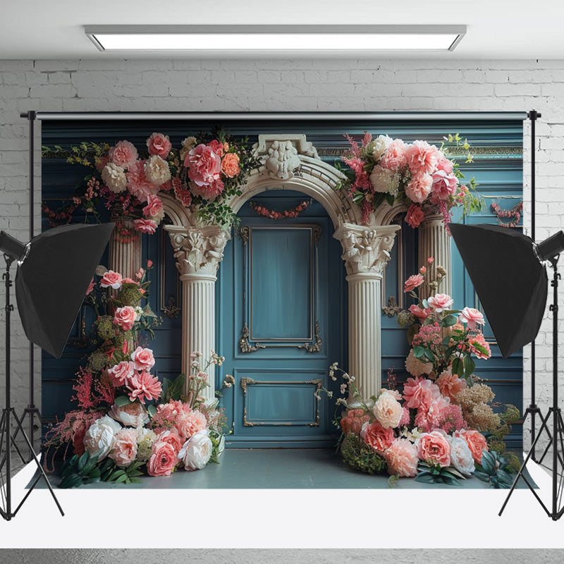 Lofaris Retro Royal Teal White Arch Floral Wedding Backdrop