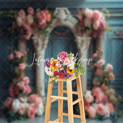 Lofaris Retro Royal Teal White Arch Floral Wedding Backdrop