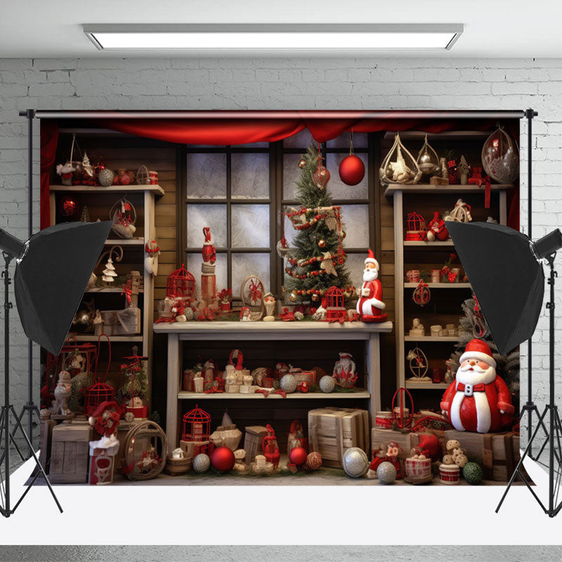 Lofaris Retro Santa House Christmas Tree Photoshoot Backdrop