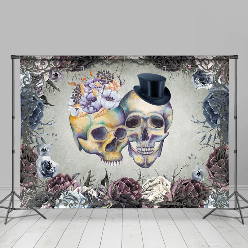 Lofaris Retro Skull Couple Thorn Flower Halloween Backdrop