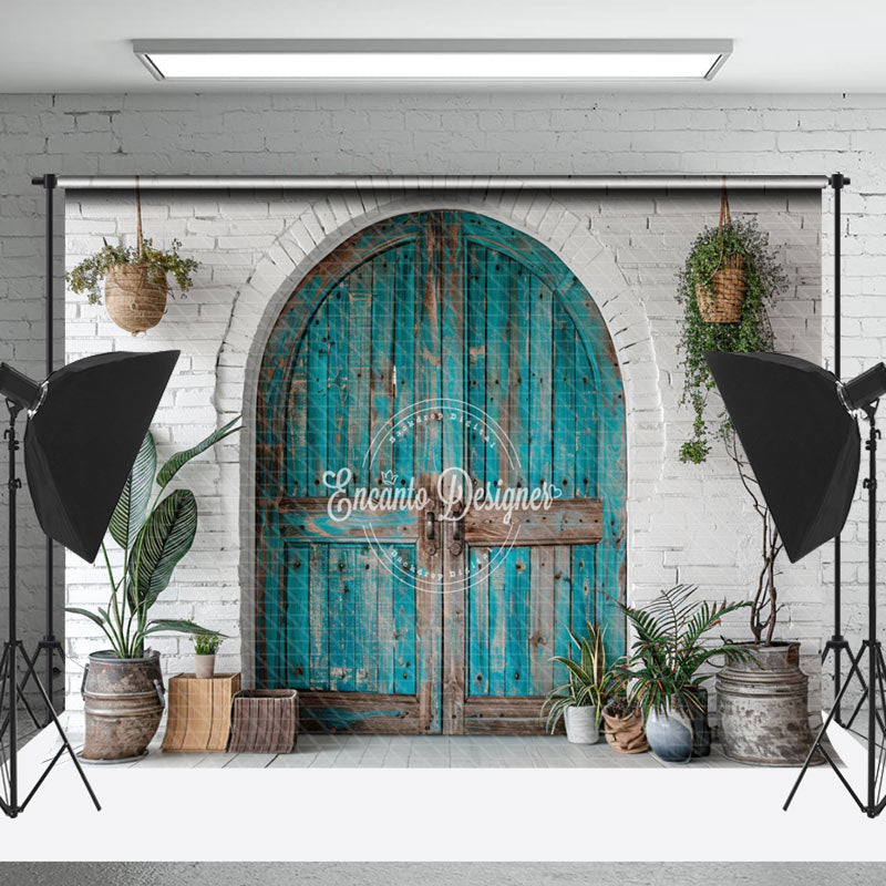 Lofaris Retro Teal Arch Door Brick Wall Wedding Backdrop