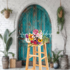 Lofaris Retro Teal Arch Door Brick Wall Wedding Backdrop