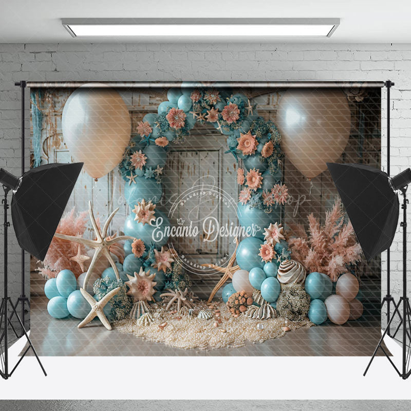 Lofaris Retro Wall Blue Balloons Coastal Cake Smash Backdrop