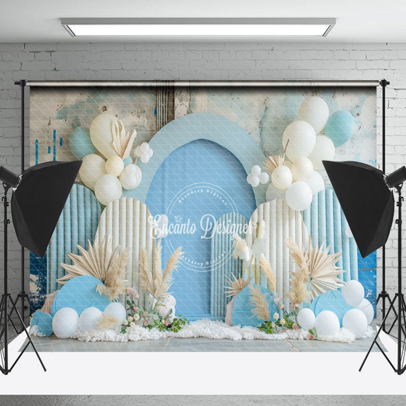 Lofaris Retro Wall Blue Balloons Summer Cake Smash Backdrop